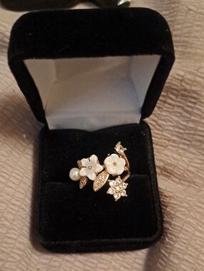Gold Floral Statement Ring with White Flower Accents